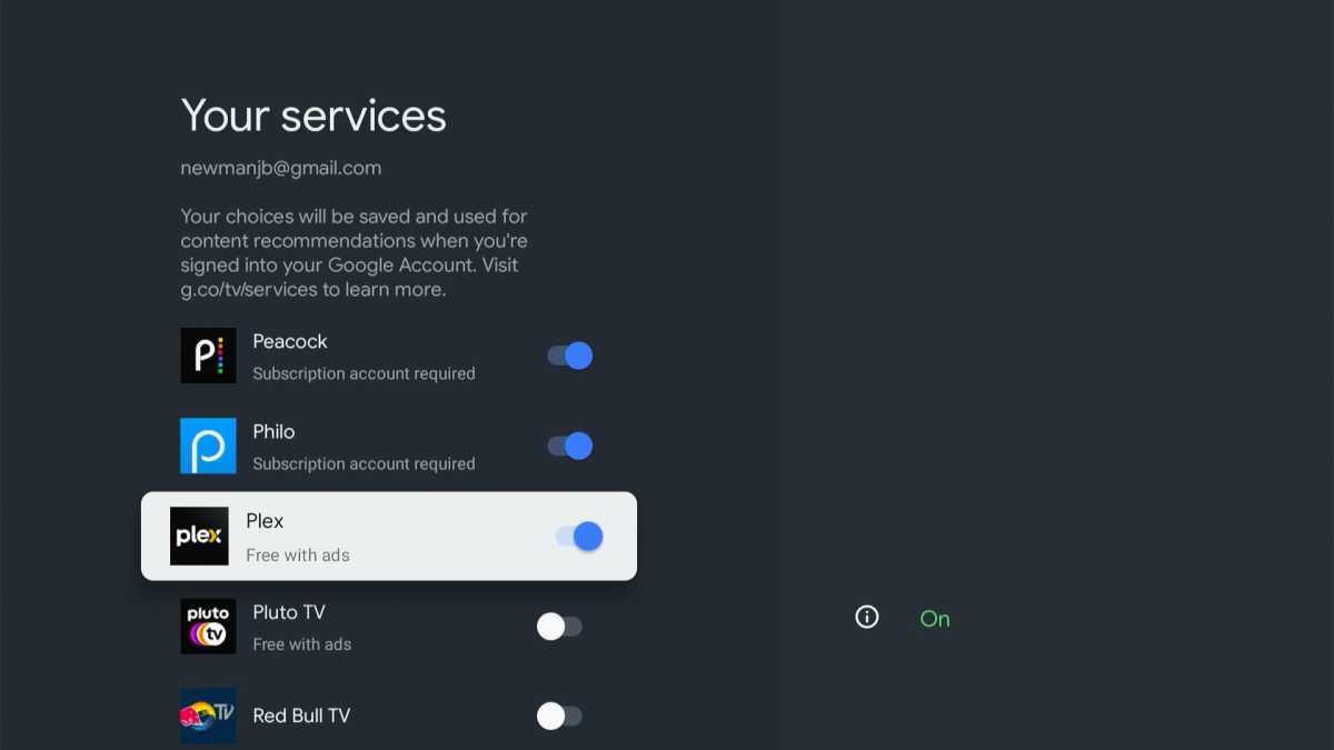 Google TV "Your services" menu