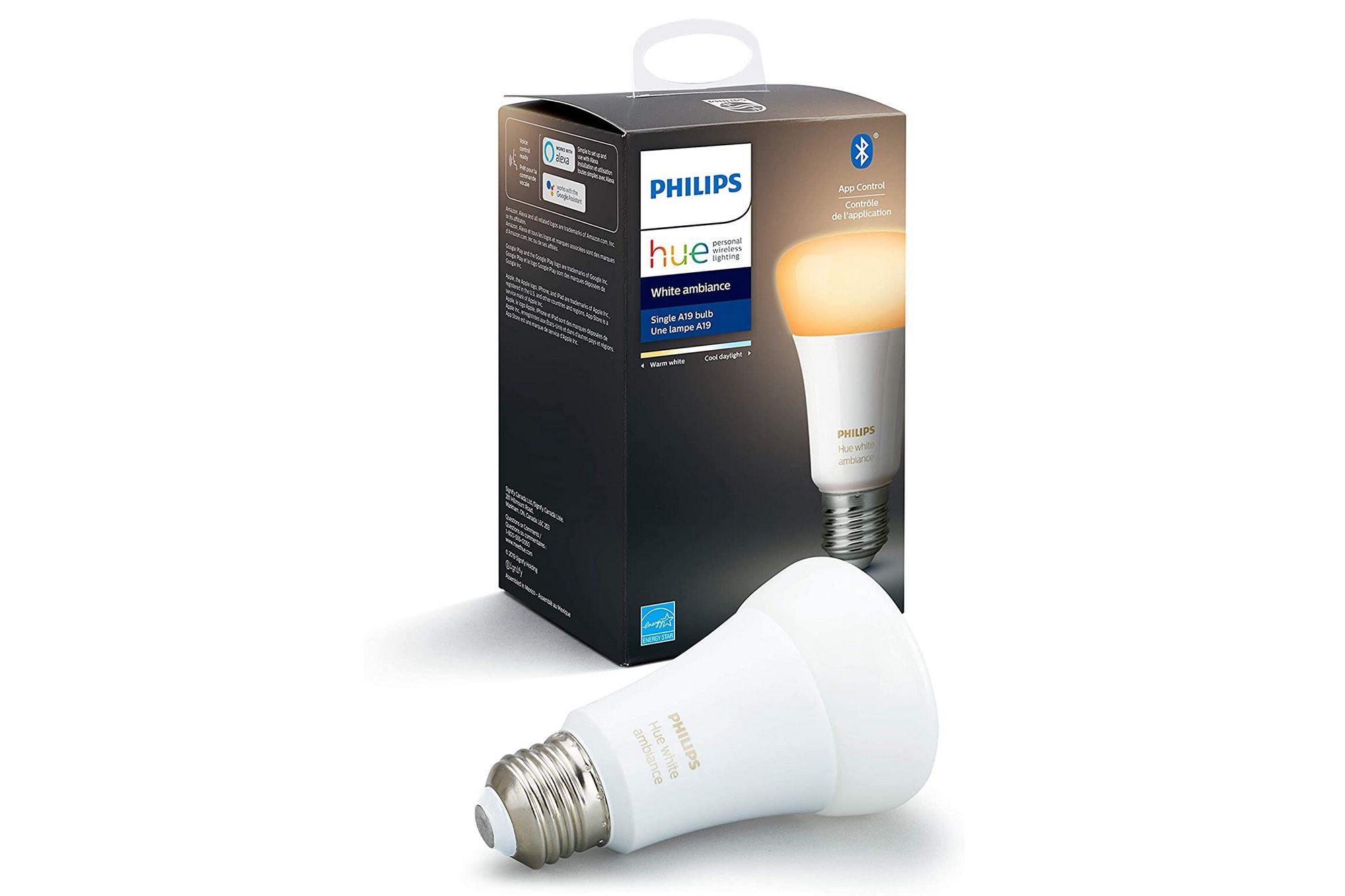 Philips Hue White Ambiance A19 (Bluetooth + Zigbee) -- Best white smart bulb 
