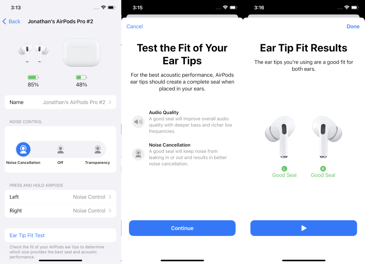 AirPods Pro settings and ear tip test